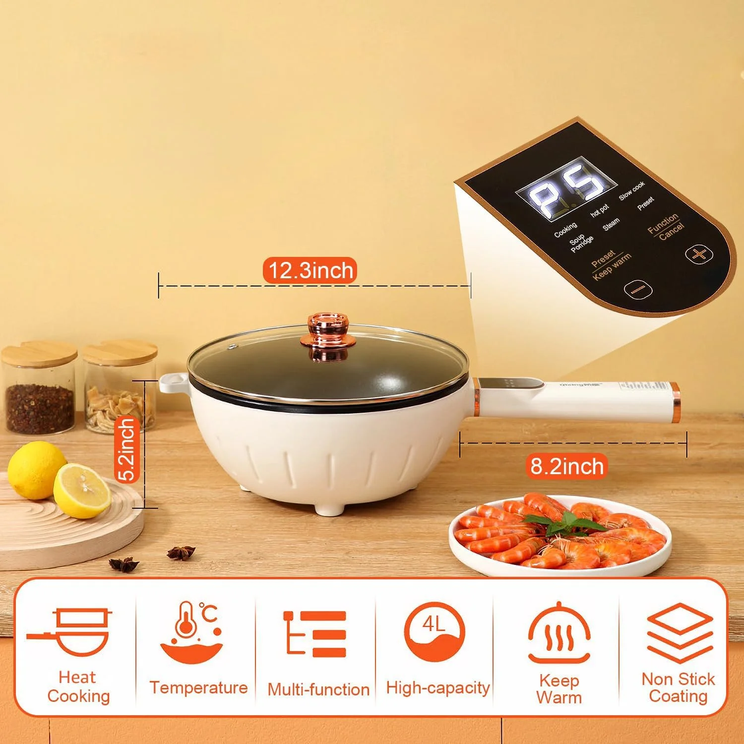 هات پات برقی XVersion با ظرفیت 4 لیتر، قابلمه بزرگ برقی، چند منظوره نچسب، تابه سرخ کردنی، قابلمه سس برای تفت دادن، نودل، پاستا، سوپ، تفت دادن، شیش کباب برای خانواده/خوابگاه (بژ، 4 لیتر)