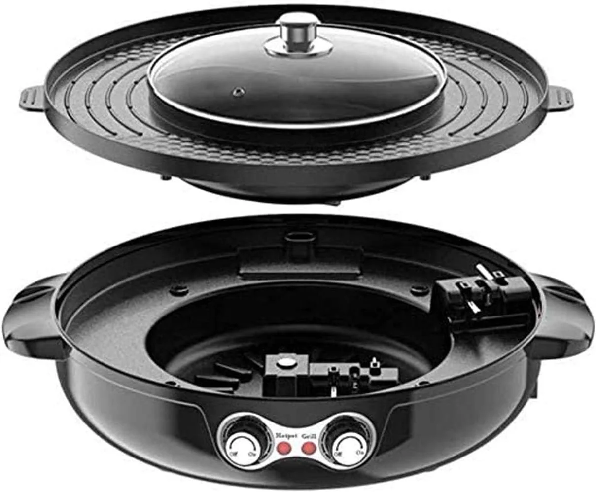 گریل و هات پات برقی چند منظوره XHGRQAS با صفحه گریل نچسب و کنترل دوگانه حرارت، مناسب برای 2 تا 10 نفر، دارای دو قسمت جداگانه برای گریل و هات پات