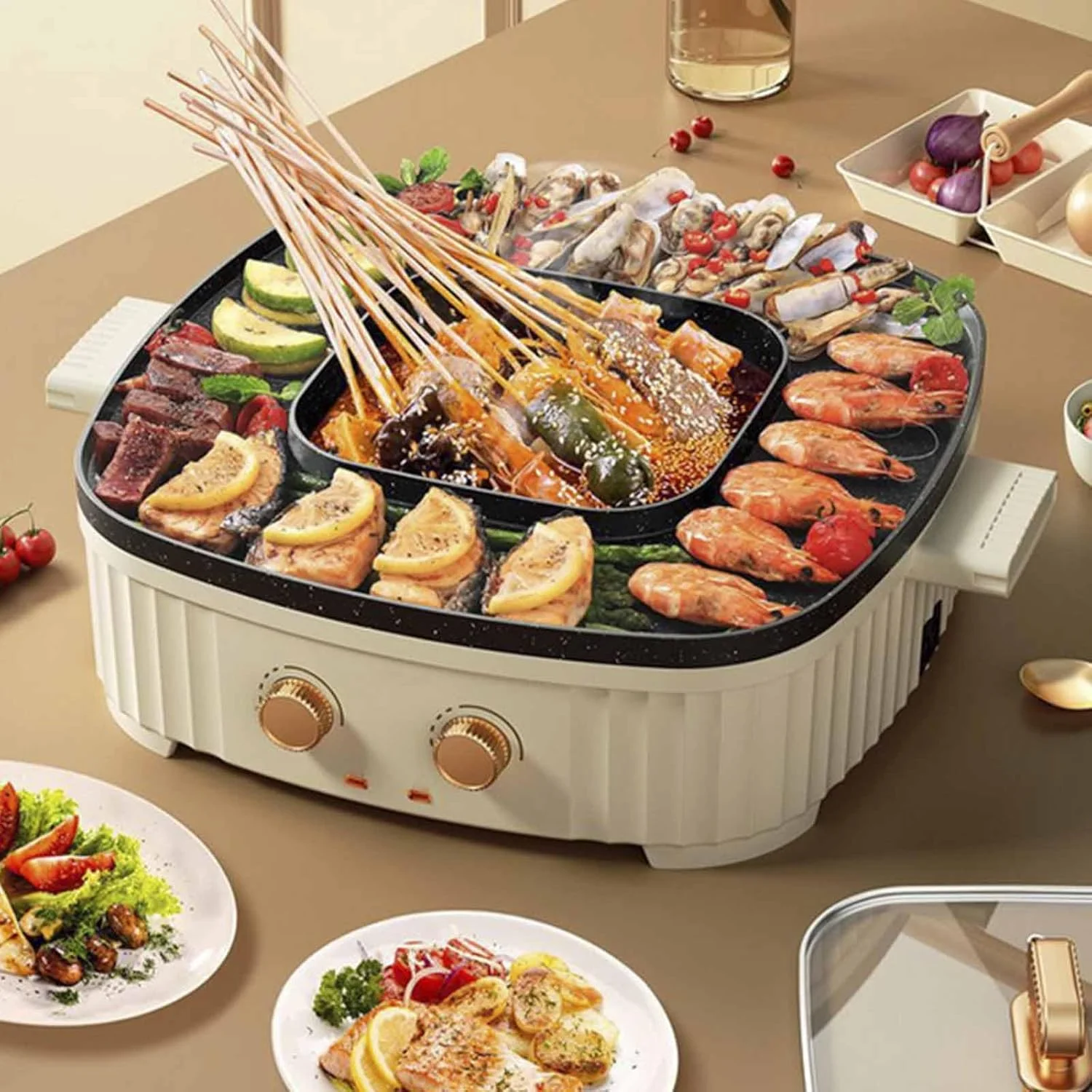 تابه گریل و هات پات نچسب بادوام YIGECHENXIN، 220 ولت/1800 وات، قابلمه باربیکیو مربع چند منظوره خانگی با کنترل دمای مستقل دوگانه، مناسب برای باربیکیو و تخم مرغ سرخ شده