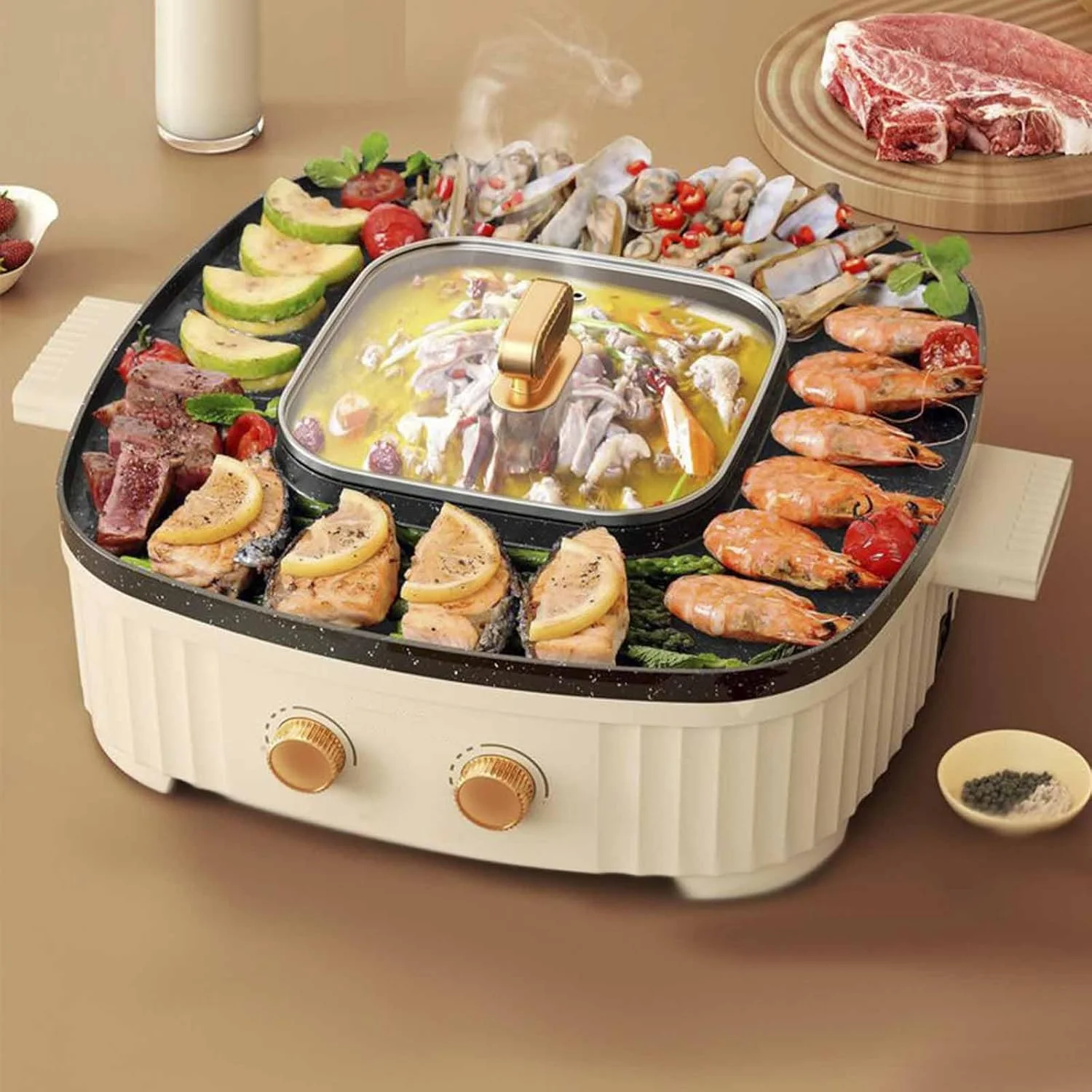 دیگ برقی گرم کن قابل تنظیم دما YIGECHENXIN سفید، ظرفیت بزرگ 1800 وات با ویژگی های گرمایش سریع، پوشش نچسب با تمیز کردن آسان، مناسب برای دیگ داغ و باربیکیو