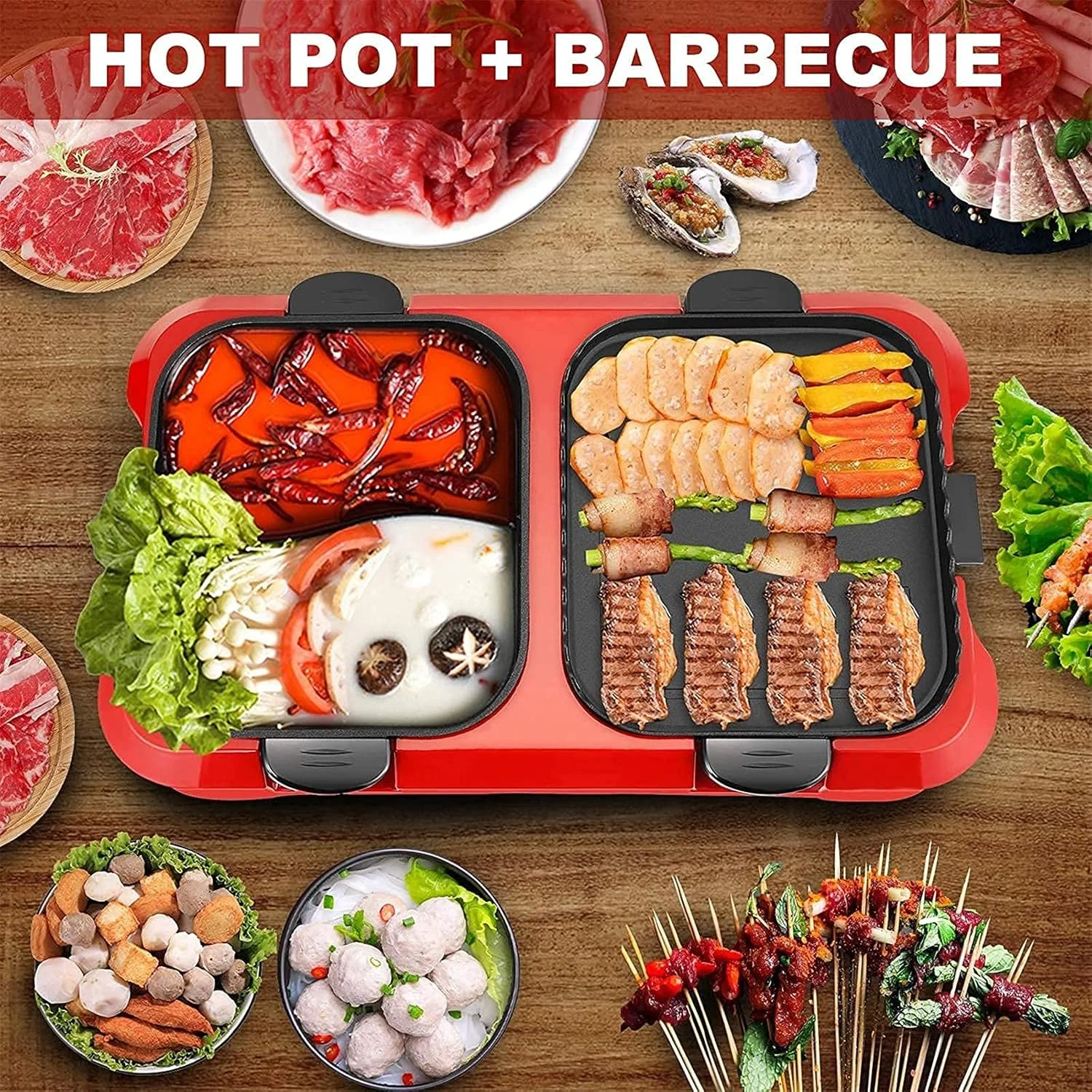 گریل برقی و هات پات XHGRQAS، قابلمه حرارتی سریع، تابه باربیکیو نچسب و بدون دود، کنترل دمای دوگانه جداگانه برای 2 تا 12 نفر - قرمز