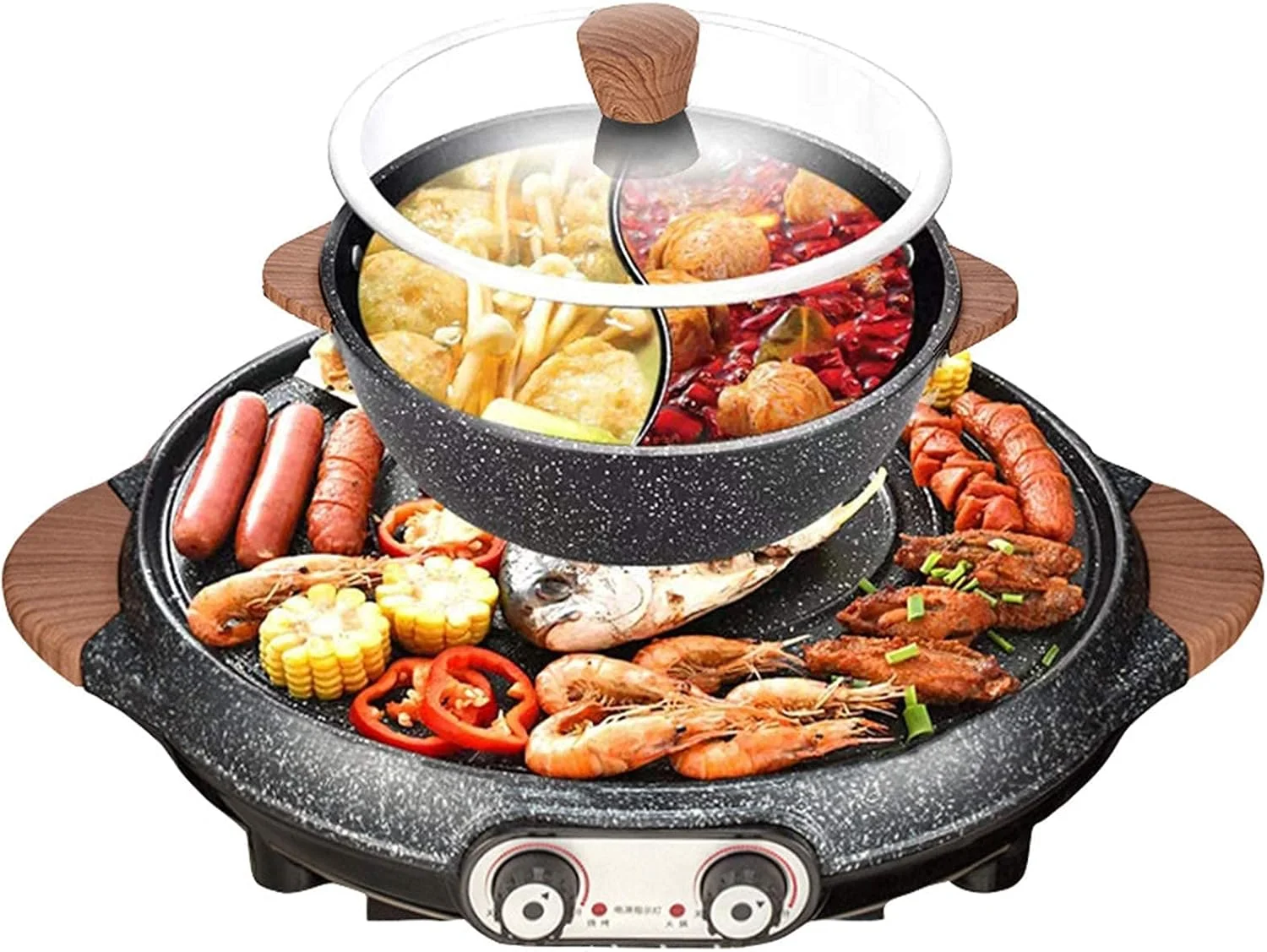 دیگ باربیکیو برقی XHGRQAS چند منظوره با گریل شیشه‌ای، تابه برقی 2 در 1 نچسب برای استفاده خانگی