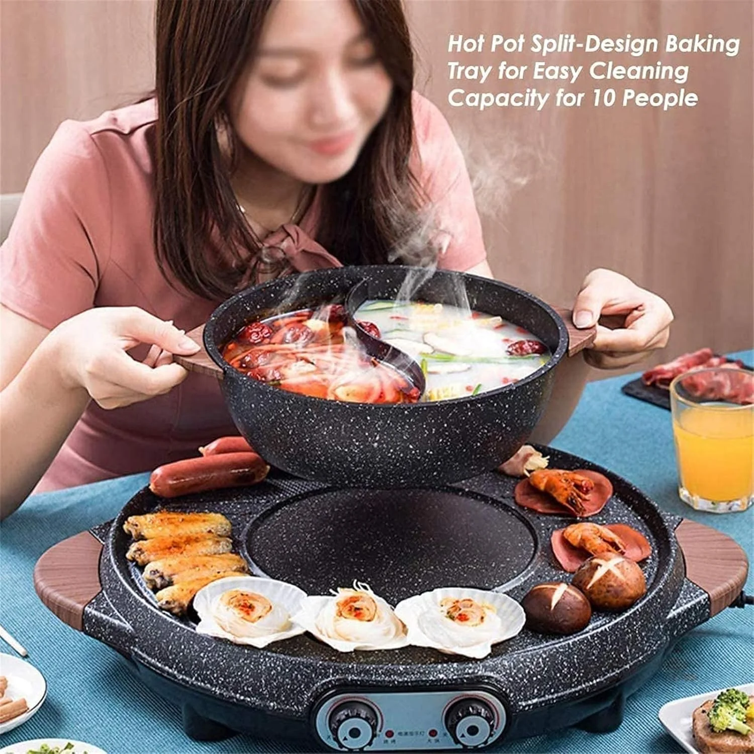 دیگ باربیکیو برقی XHGRQAS چند منظوره با گریل شیشه‌ای، تابه برقی 2 در 1 نچسب برای استفاده خانگی