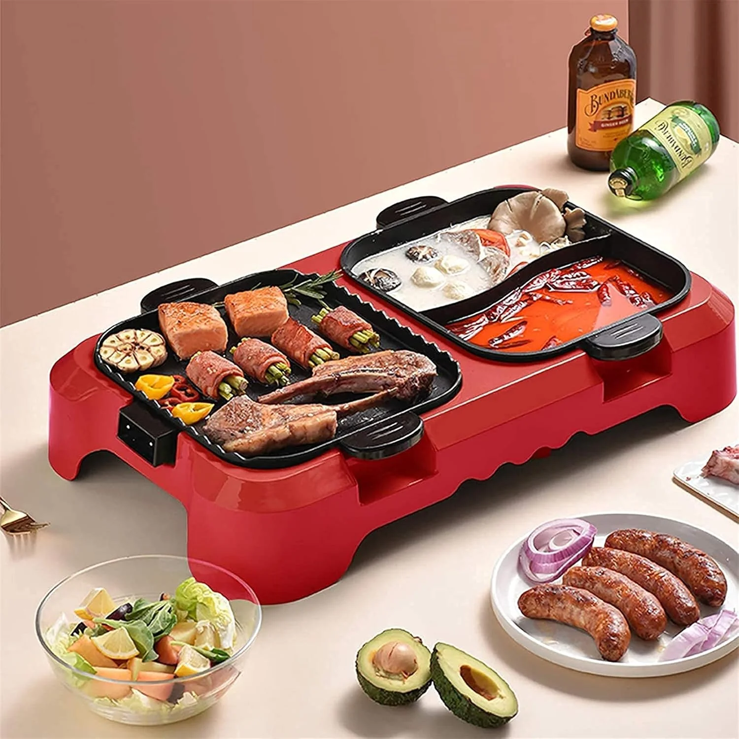 گریل برقی و هات پات XHGRQAS، قابلمه حرارتی سریع، تابه باربیکیو نچسب و بدون دود، کنترل دمای دوگانه جداگانه برای 2 تا 12 نفر - قرمز