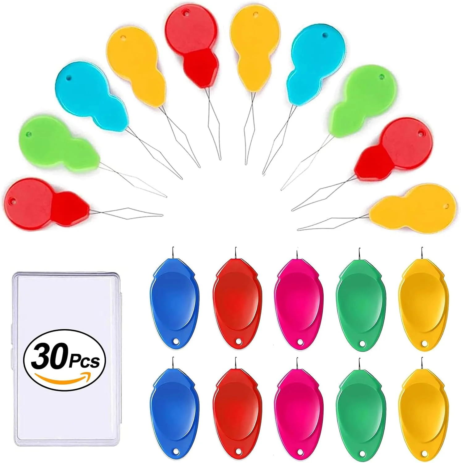 نخ سوزن CousDUoBe بسته 30 عددی برای خیاطی دستی، ابزار نخ سوزن حلقه سیمی پلاستیکی DIY برای چرخ خیاطی دستی با جعبه شفاف، رنگ تصادفی
