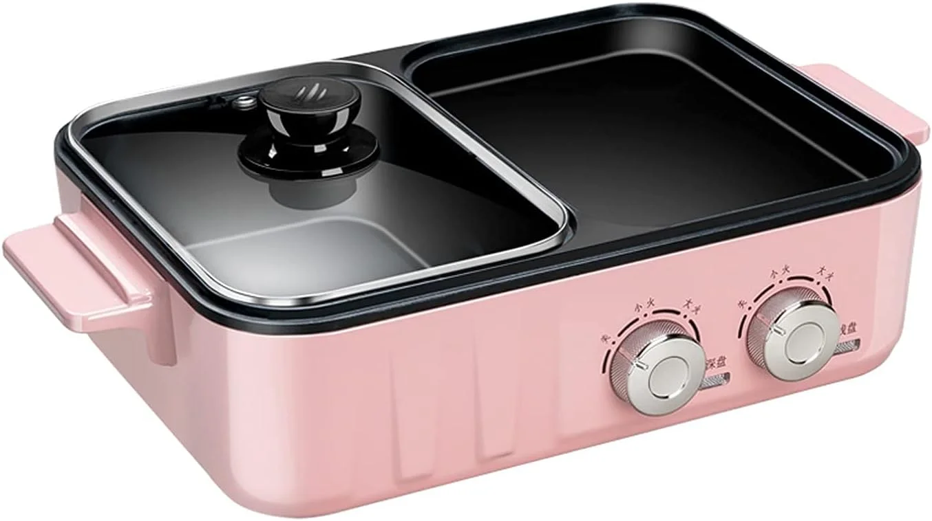 گریل و هات پات برقی چند منظوره قابل حمل 2 در 1، دستگاه باربیکیو بدون دود نچسب، تابه برقی، صورتی Zeenyi