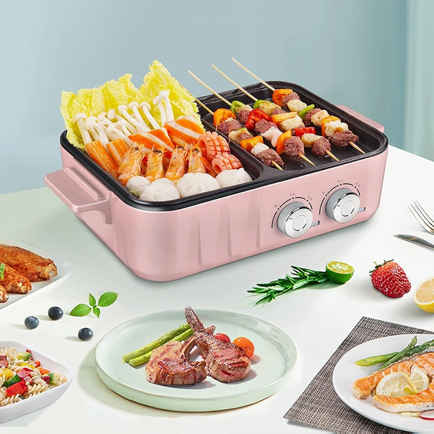 گریل و هات پات برقی چند منظوره قابل حمل 2 در 1، دستگاه باربیکیو بدون دود نچسب، تابه برقی، صورتی Zeenyi