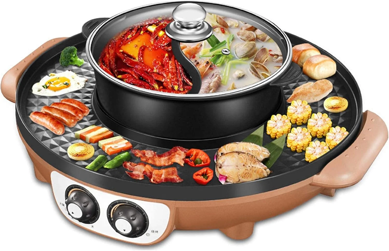 تی تی جی ال آر تی باربیکیو هات پات، باربیکیو برقی با پوشش سالم، بدون دود و نچسب، هات پات برقی، تابه برقی با کنترل دمای دوگانه، A، 2