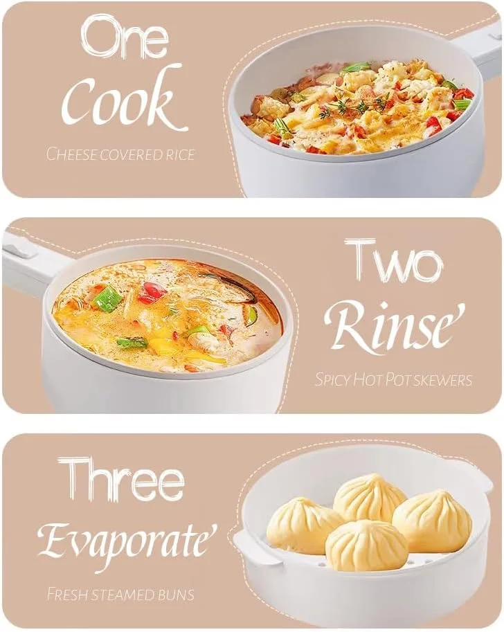 دیگ داغ 1.6 لیتری با بخارپز، تابه برقی کوچک قابل حمل نچسب شوبو با تنظیم قدرت برای استیک، تخم مرغ، برنج سرخ شده، رامن - مناسب خوابگاه دانشجویی و مسافرت