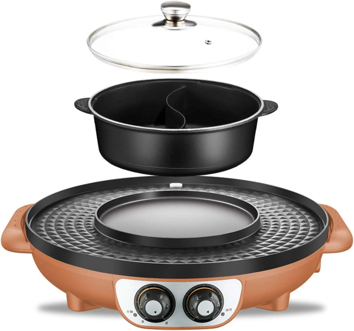 تی تی جی ال آر تی باربیکیو هات پات، باربیکیو برقی با پوشش سالم، بدون دود و نچسب، هات پات برقی، تابه برقی با کنترل دمای دوگانه، A، 2