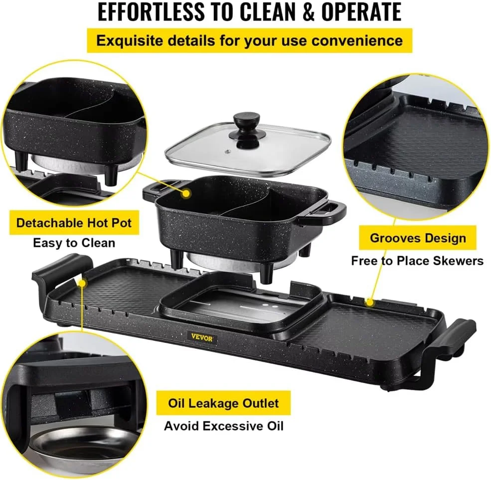 دستگاه پخت و پز همه کاره هات پات با گریل، دستگاه 2 در 1 برقی بدون چسب داخلی هات پات و تابه، کنترل دما گریل قابل حمل