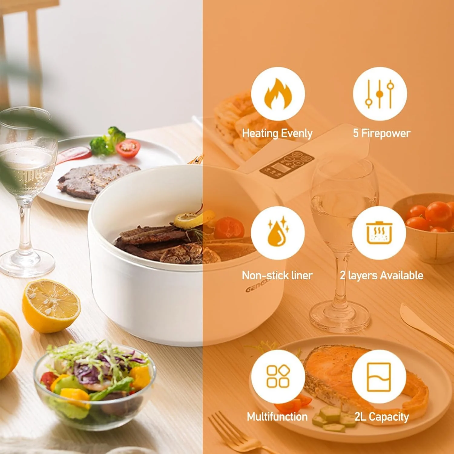 زودپز برقی ROUNY با ظرفیت 2 لیتر، قابلمه برقی کوچک قابل حمل با بخارپز، قابلمه چند منظوره نچسب برای نودل با تنظیم قدرت، تابه سرخ کردنی با دکمه هوشمند برای رامن/استیک/برنج سرخ شده/جو دوسر/سوپ