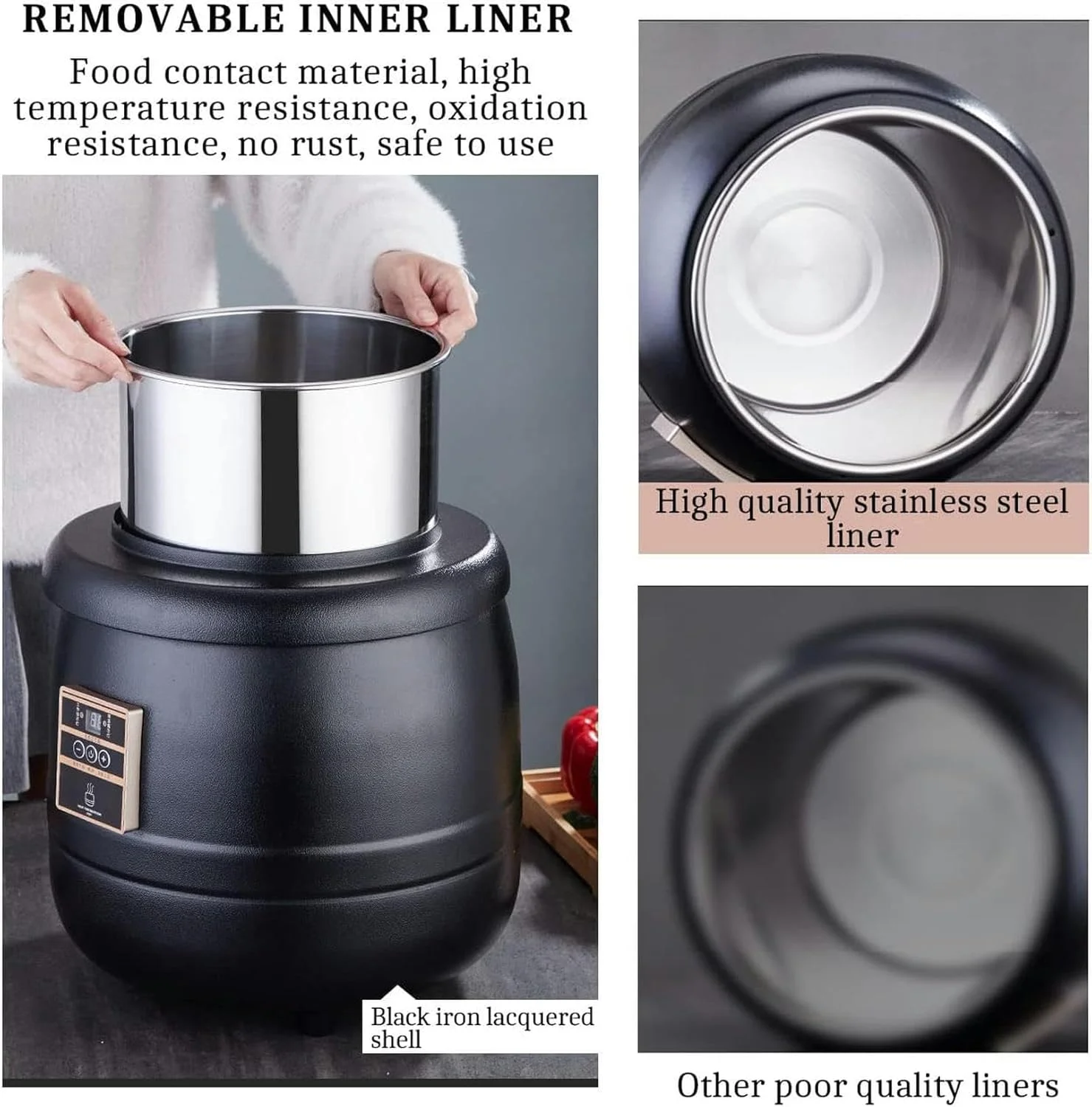 دیگ سوپ تجاری قابل حمل 10 لیتری، دیگ گرمکن سوپ برقی با کنترل دمای هوشمند، دارای درب لولایی و دیگ داخلی قابل جابجایی، برای گرم نگه داشتن بوفه غذا