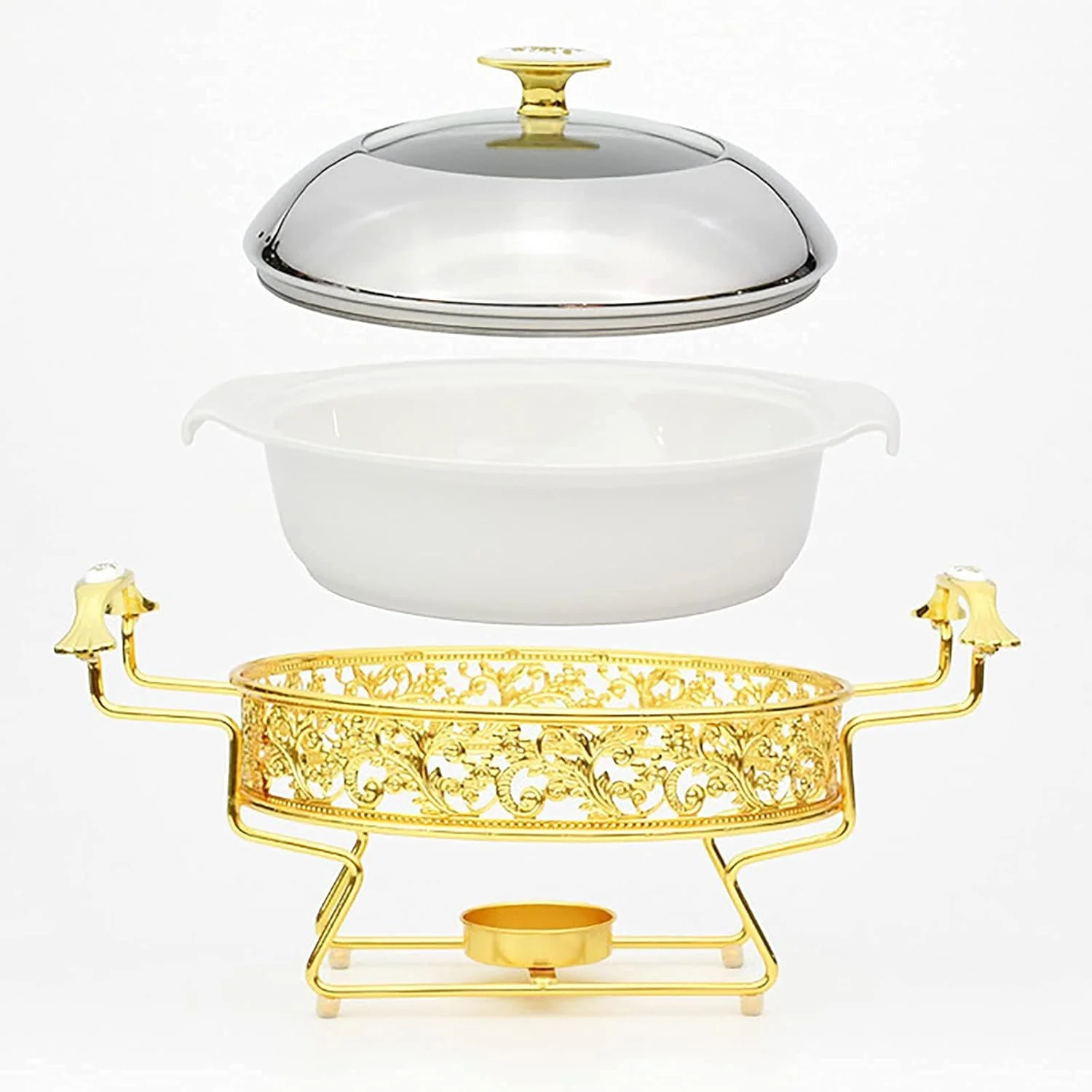 ست گرم نگهدارنده غذا طرح طلایی، گرمکن گرد استیل ضد زنگ با درب برای بوفه عروسی مهمانی ها ضیافت ها رویدادهای پذیرایی، گرمکن و بوفه، 32 سانتی متر