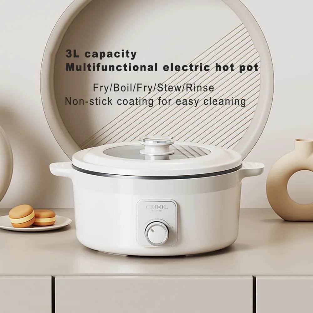 زودپز برقی Ceool، دیگ پخت و پز چند منظوره 3 لیتری بدون نیاز به اجاق گاز، تنظیمات قدرت 500 و 1000 وات، دیگ نچسب، محافظت در برابر گرمای بیش از حد، جوش و خشک شدن، سرخ کردن/جوشاندن/خورش/آبکشی (دوشاخه CN)