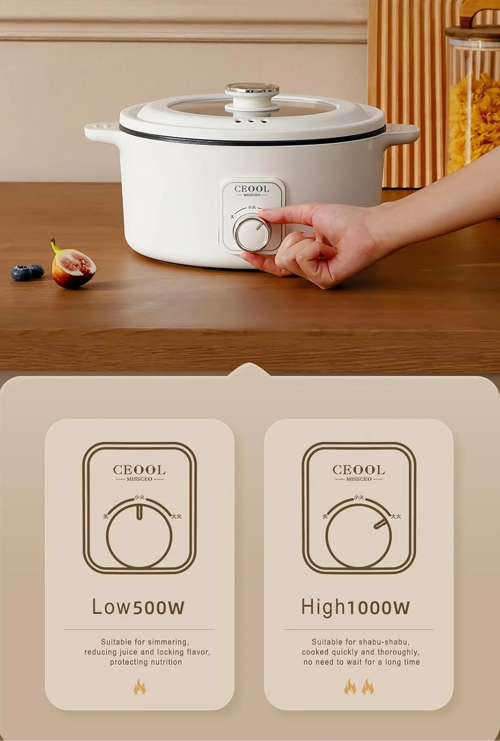 زودپز برقی Ceool، دیگ پخت و پز چند منظوره 3 لیتری بدون نیاز به اجاق گاز، تنظیمات قدرت 500 و 1000 وات، دیگ نچسب، محافظت در برابر گرمای بیش از حد، جوش و خشک شدن، سرخ کردن/جوشاندن/خورش/آبکشی (دوشاخه CN)