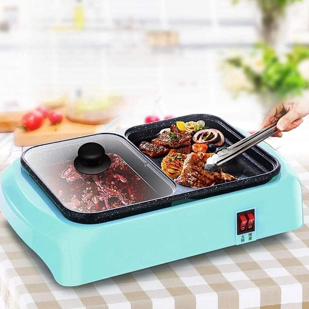 دستگاه گریل باربیکیو و هات پات چند منظوره NEKOUN، تابه برقی خانگی دو منظوره، دستگاه باربیکیو چند منظوره تک قابلمه ای دو منظوره با سوییچ مستقل