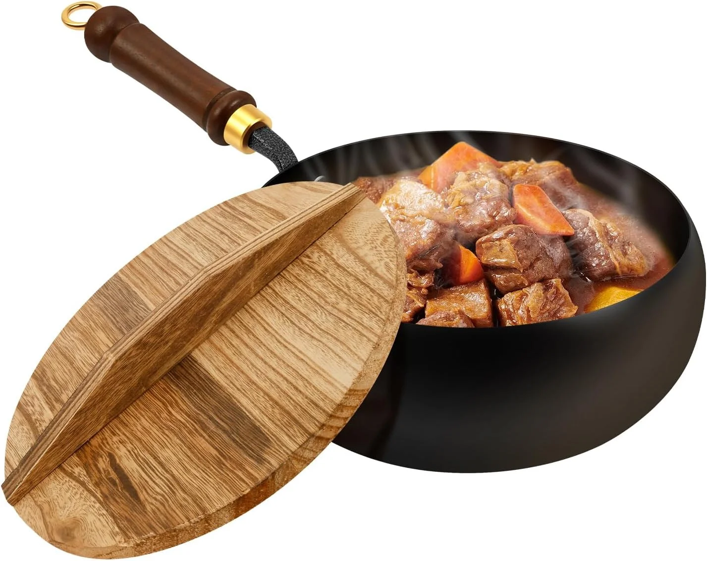 تابه چدنی بدون روکش MENIBBLER با درب چوبی و کفگیر، تابه دست ساز نچسب با قابلیت حفظ حرارت برای پخت و پز