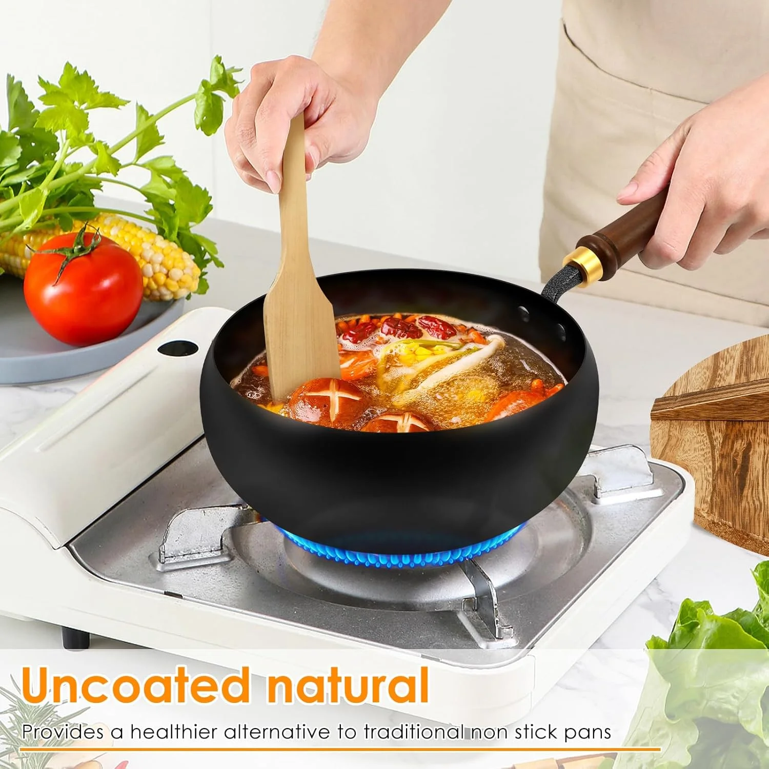 تابه چدنی بدون روکش MENIBBLER با درب چوبی و کفگیر، تابه دست ساز نچسب با قابلیت حفظ حرارت برای پخت و پز