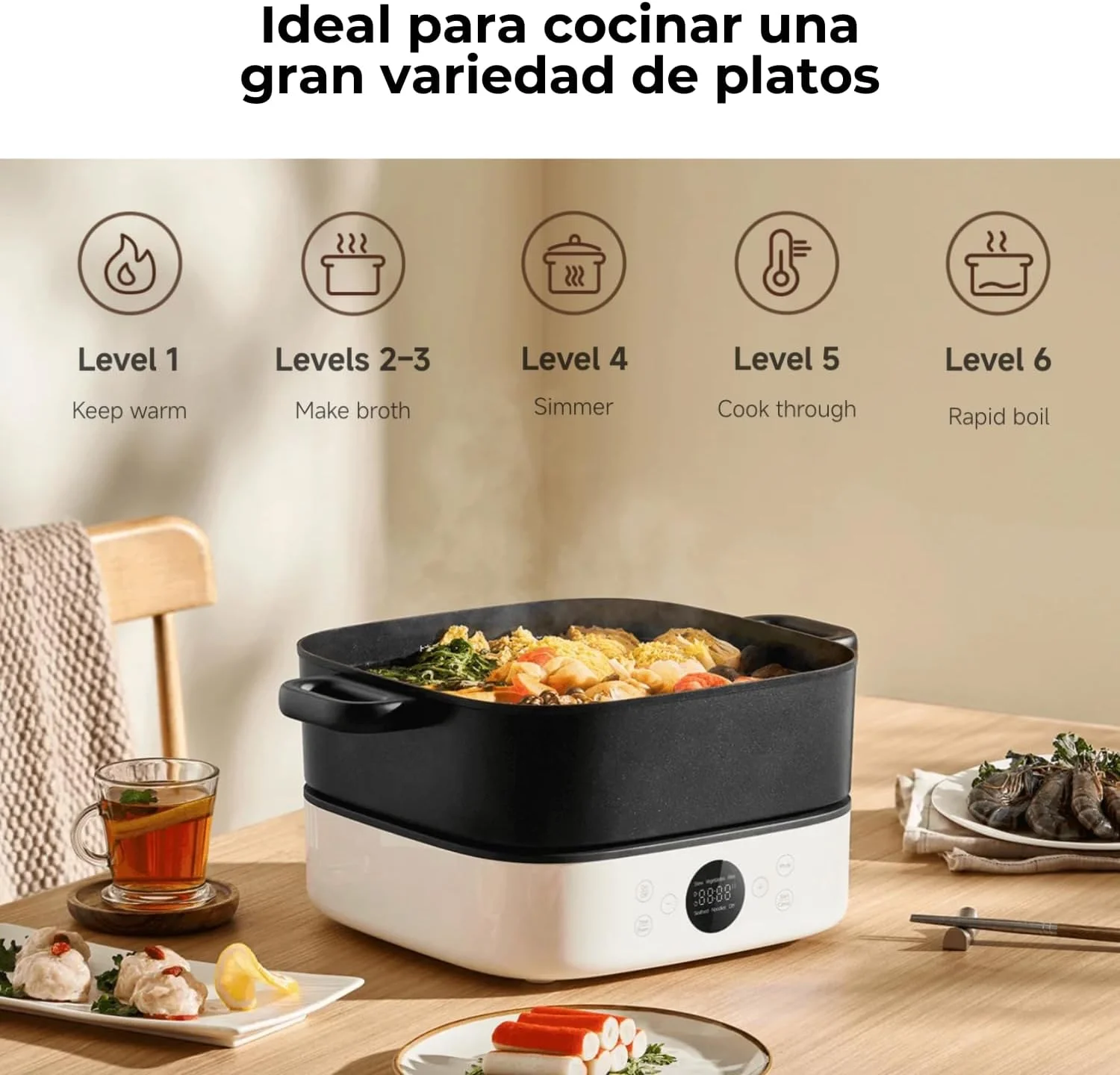 دیگ چند منظوره شیائومی مدل هات پات با ظرفیت 6 لیتر و کنترل دما، ایده آل برای فوندو، سوپ، خورشت و پخت و پز سالم در خانه | تمیز کردن آسان