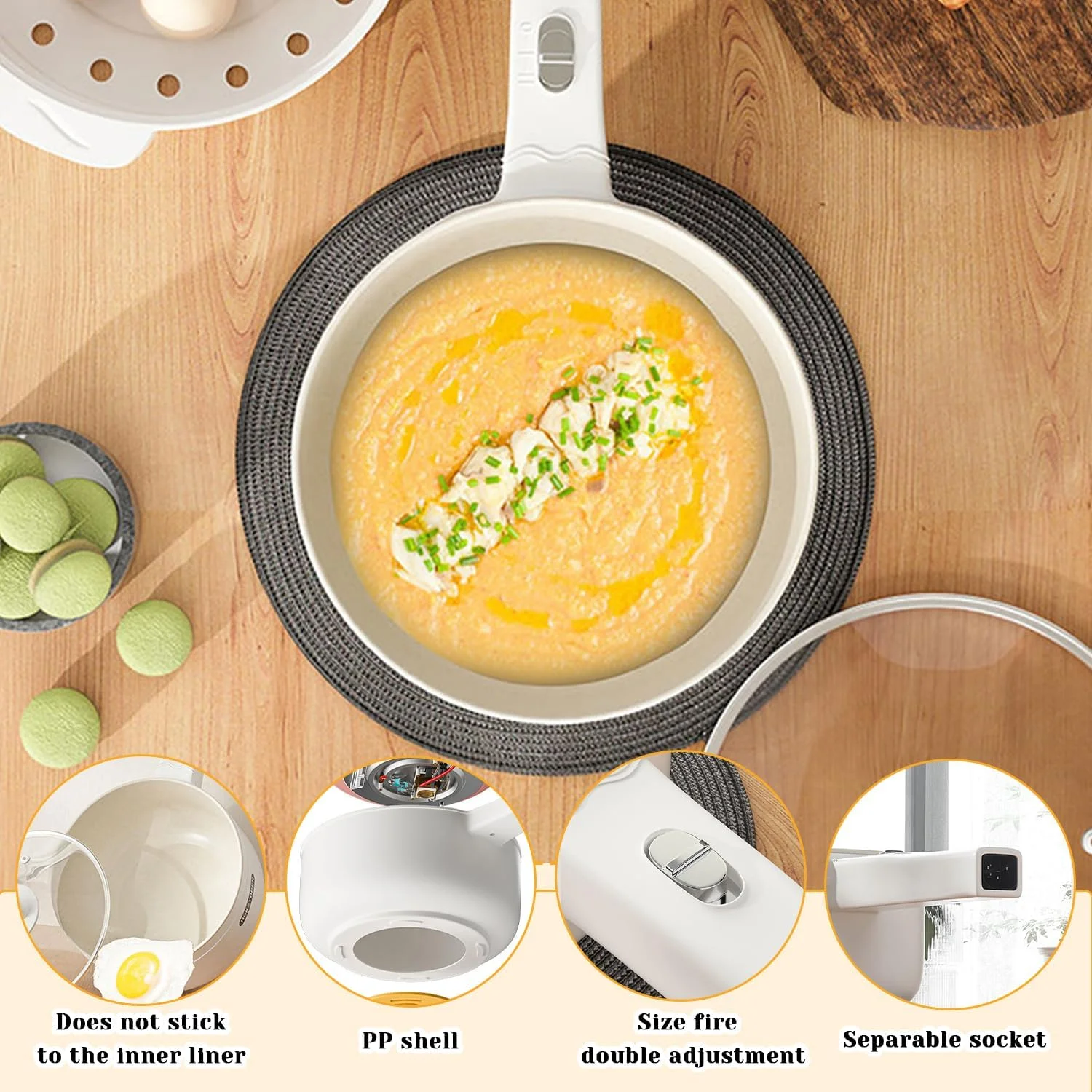 جورونب قابلمه برقی، قابلمه دوقلو، با بخارپز و کنترل دما، دو تنظیم قدرت، قابلمه چند منظوره نچسب، قابلمه برقی قابل حمل (1.8 لیتر)