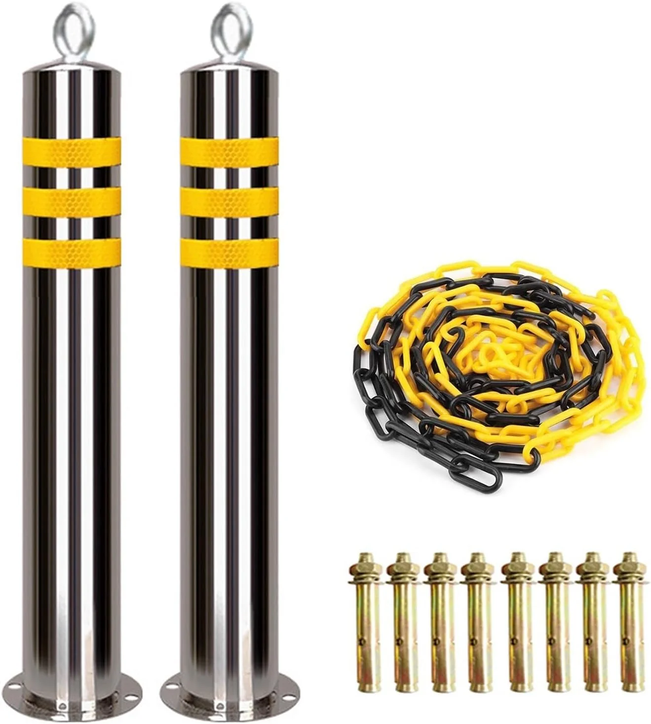 مانع کمربندی جمع شونده، میله پارکینگ خودرو 2 عددی، استوانه پارکینگ استیل ضد زنگ با زنجیر 5 متری، استوانه های ایمنی سنگین و ثابت برای ورودی با نوار بازتابنده