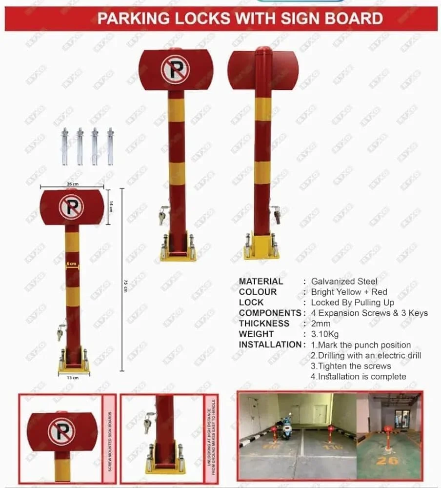 قفل دستی فضای پارک – مانع پارک رزرو شده با ارتفاع 75 سانتی متر به همراه 4 کلید و پیچ و مهره، مسدود کننده پارکینگ خودرو سنگین برای مصارف خانگی، اداری و تجاری (قرمز + زرد)