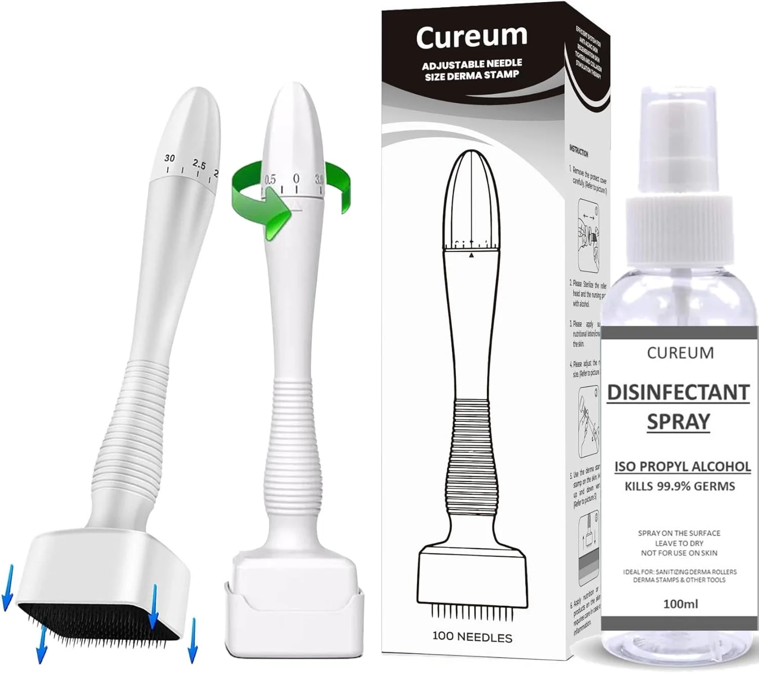 درما استمپ Cureum 100A قابل تنظیم 0 تا 3 میلی متر سوزن های میکرو تیتانیومی به همراه اسپری ضدعفونی کننده 100 میلی لیتری | قلم میکرونیدلینگ درمارولر برای مراقبت از پوست و صورت، رشد مو و ریش | ایمن و موثر درما استمپ Cureum 100A قابل تنظیم 0 تا 3 میلی متر سوزن های میکرو تیتانیومی به همراه اسپری ضدعفونی کننده 100 میلی لیتری | قلم میکرونیدلینگ درمارولر برای مراقبت از پوست و صورت، رشد مو و ریش | ایمن و موثر