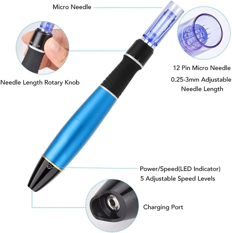 قلم میکرونیدلینگ ALIWOD، دستگاه درماپن برقی بی سیم، دستگاه مراقبت از پوست ضد پیری، کیت ابزار پوست 12 عدد کارتریج سوزنی 36 پین، درمان چین و چروک، علائم کشش، جای زخم، ریزش مو A1