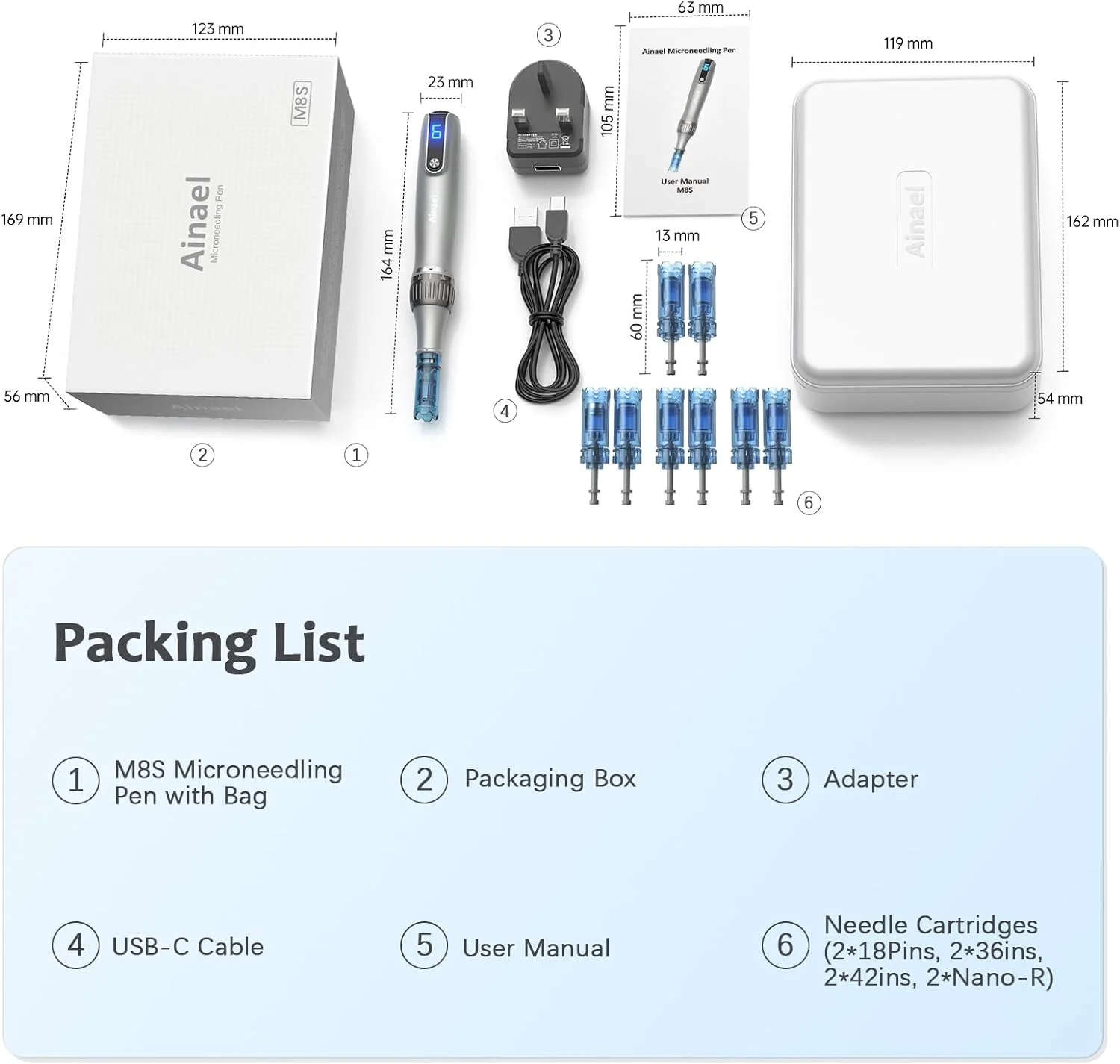 قلم میکرونیدلینگ Ainael Ultima M8، دستگاه میکرونیدلینگ بی سیم حرفه ای، ست قلم میکرونیدلینگ برقی برای صورت، بدن، مو، ریش، رشد، هدیه برای زنان، دوست دختر - 12 کارتریج