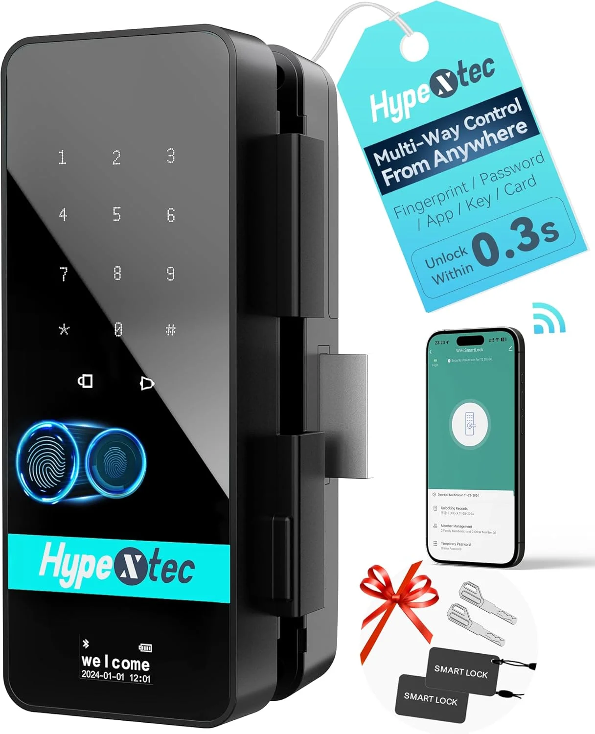 قفل شیشه ای هوشمند با قابلیت چرخش خودکار برای درب های بدون قاب، قفل درب ورودی بدون کلید و بدون نیاز به سوراخ کاری با 5 روش باز کردن قفل، کنترل از طریق برنامه WiFi/اثر انگشت/کارت IC/رمز عبور/کلید قفل شیشه ای هوشمند با قابلیت چرخش خودکار برای درب های بدون قاب، قفل درب ورودی بدون کلید و بدون نیاز به سوراخ کاری با 5 روش باز کردن قفل، کنترل از طریق برنامه WiFi/اثر انگشت/کارت IC/رمز عبور/کلید