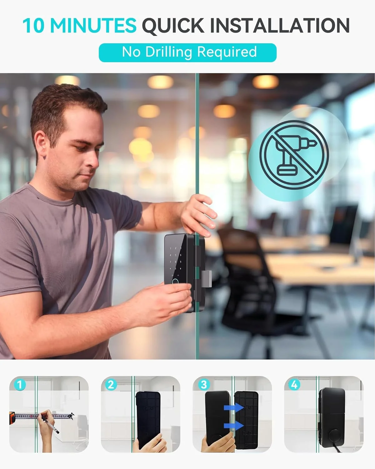 قفل شیشه ای هوشمند با قابلیت چرخش خودکار برای درب های بدون قاب، قفل درب ورودی بدون کلید و بدون نیاز به سوراخ کاری با 5 روش باز کردن قفل، کنترل از طریق برنامه WiFi/اثر انگشت/کارت IC/رمز عبور/کلید قفل شیشه ای هوشمند با قابلیت چرخش خودکار برای درب های بدون قاب، قفل درب ورودی بدون کلید و بدون نیاز به سوراخ کاری با 5 روش باز کردن قفل، کنترل از طریق برنامه WiFi/اثر انگشت/کارت IC/رمز عبور/کلید