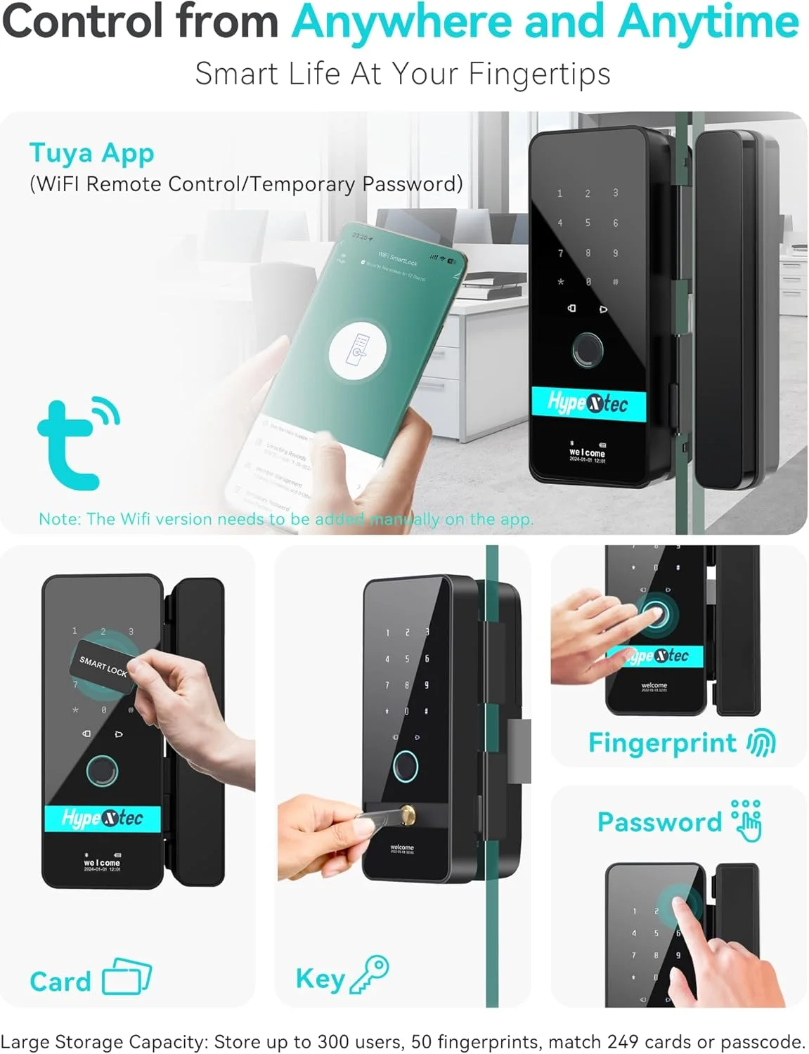 قفل شیشه ای هوشمند با قابلیت چرخش خودکار برای درب های بدون قاب، قفل درب ورودی بدون کلید و بدون نیاز به سوراخ کاری با 5 روش باز کردن قفل، کنترل از طریق برنامه WiFi/اثر انگشت/کارت IC/رمز عبور/کلید قفل شیشه ای هوشمند با قابلیت چرخش خودکار برای درب های بدون قاب، قفل درب ورودی بدون کلید و بدون نیاز به سوراخ کاری با 5 روش باز کردن قفل، کنترل از طریق برنامه WiFi/اثر انگشت/کارت IC/رمز عبور/کلید