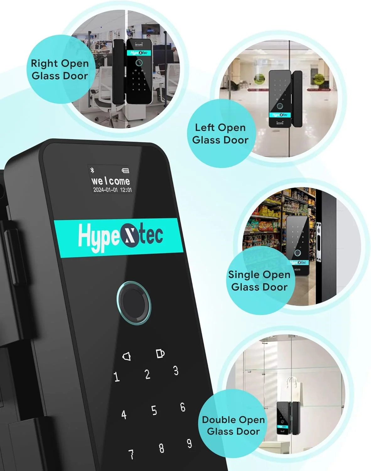 قفل شیشه ای هوشمند با قابلیت چرخش خودکار برای درب های بدون قاب، قفل درب ورودی بدون کلید و بدون نیاز به سوراخ کاری با 5 روش باز کردن قفل، کنترل از طریق برنامه WiFi/اثر انگشت/کارت IC/رمز عبور/کلید قفل شیشه ای هوشمند با قابلیت چرخش خودکار برای درب های بدون قاب، قفل درب ورودی بدون کلید و بدون نیاز به سوراخ کاری با 5 روش باز کردن قفل، کنترل از طریق برنامه WiFi/اثر انگشت/کارت IC/رمز عبور/کلید