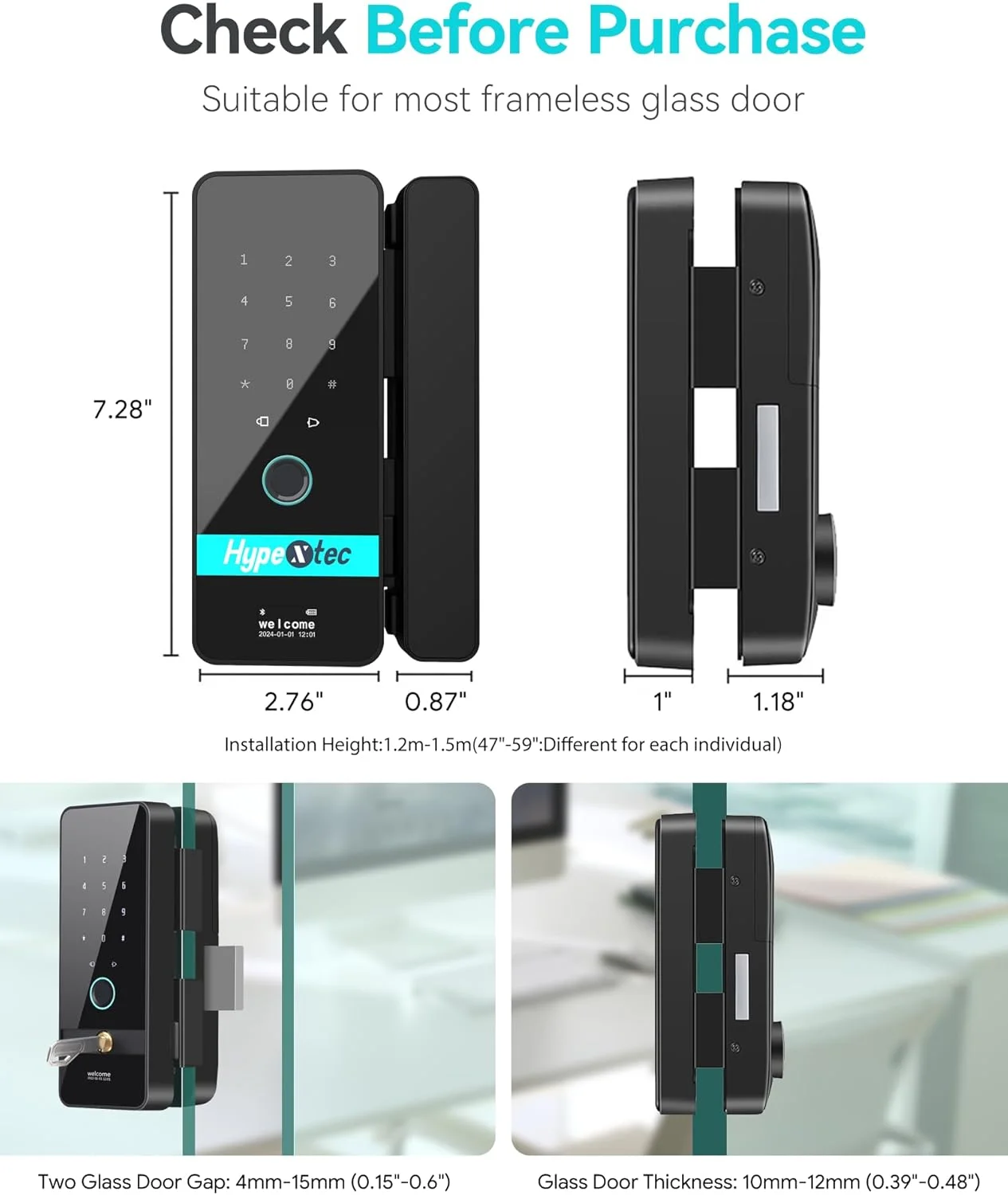 قفل شیشه ای هوشمند با قابلیت چرخش خودکار برای درب های بدون قاب، قفل درب ورودی بدون کلید و بدون نیاز به سوراخ کاری با 5 روش باز کردن قفل، کنترل از طریق برنامه WiFi/اثر انگشت/کارت IC/رمز عبور/کلید قفل شیشه ای هوشمند با قابلیت چرخش خودکار برای درب های بدون قاب، قفل درب ورودی بدون کلید و بدون نیاز به سوراخ کاری با 5 روش باز کردن قفل، کنترل از طریق برنامه WiFi/اثر انگشت/کارت IC/رمز عبور/کلید