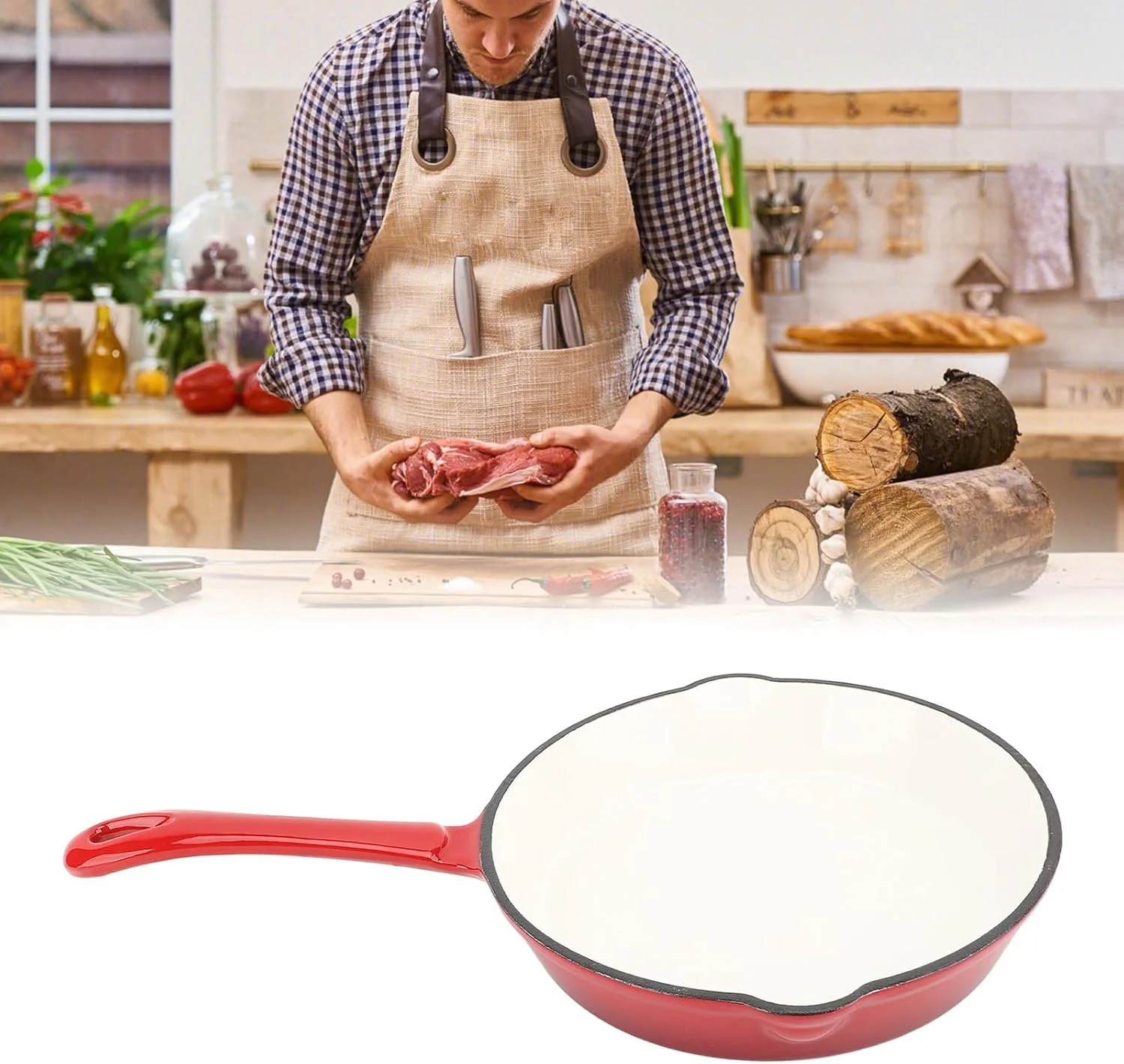 تابه چدنی لعاب دار BusoTh، تابه سرخ کردنی چدنی لعاب دار 10 اینچی با لعاب کرم، توزیع یکنواخت حرارت، تابه دسته بلند برای اجاق گاز و فر برای خانه، کمپینگ، رستوران ها