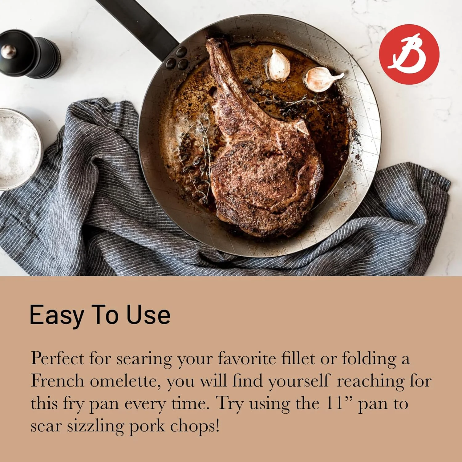تابه استیل کربنی معدنی B de Buyer - سایز 11 اینچ - ایده آل برای سرخ کردن، تفت دادن و گرم کردن مجدد - نچسب طبیعی - ساخت فرانسه