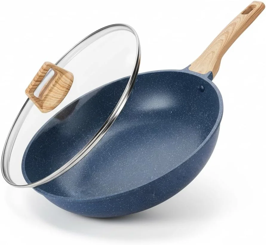 ماهیتابه گود نچسب 30 سانتی متری DeHaven با درب، تابه سرخ کردنی با دهانه خروجی، تابه القایی، تابه پخت و پز نچسب بدون PFOA، کلاسیک (3)