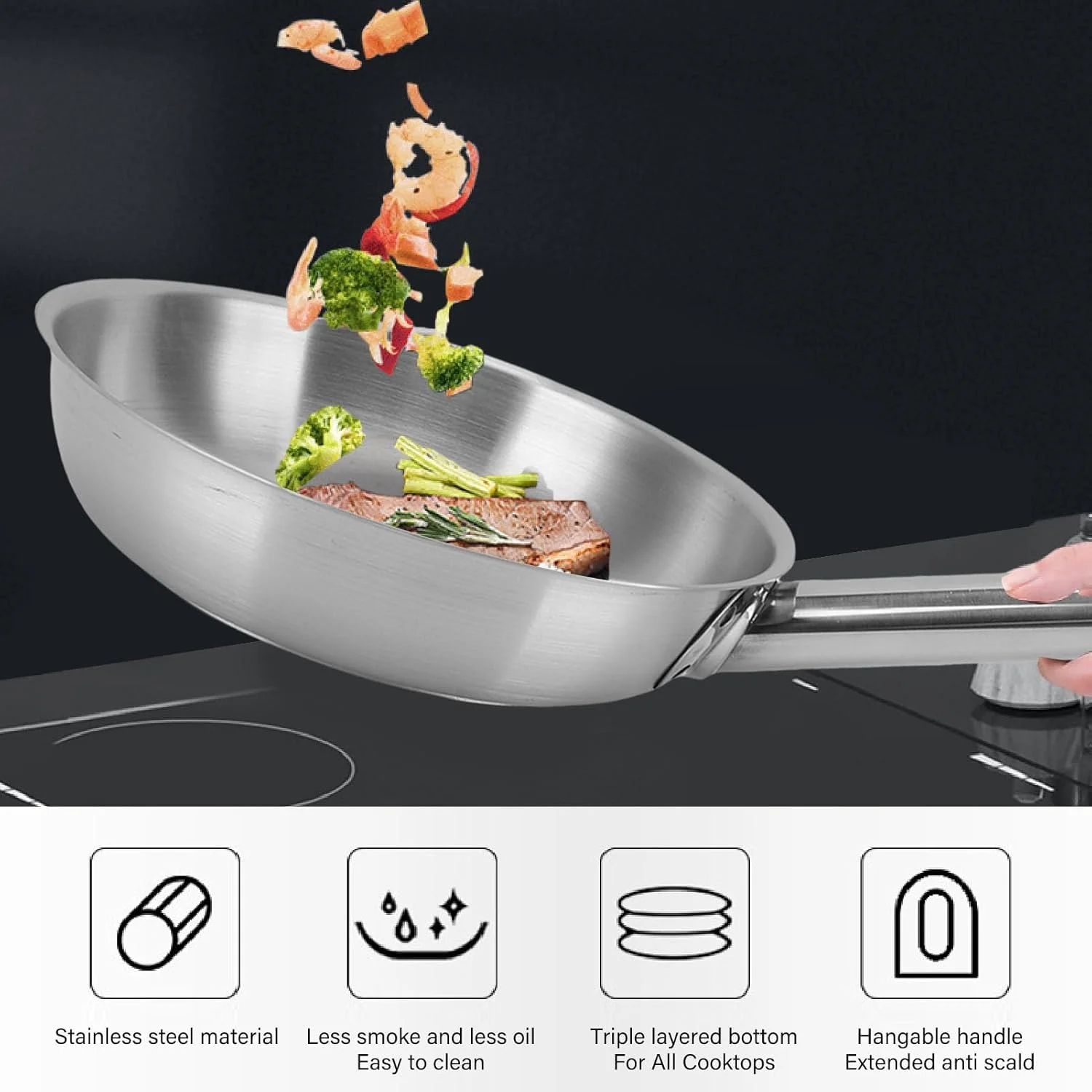 تابه استیل فوکت، تابه نچسب 20 سانتی متری بدون پوشش و ساختار کف 3 لایه، تابه سرخ کردنی ضخیم تقویت شده برای اجاق گازهای القایی، سرامیکی و گازی تابه استیل فوکت، تابه نچسب 20 سانتی متری بدون پوشش و ساختار کف 3 لایه، تابه سرخ کردنی ضخیم تقویت شده برای اجاق گازهای القایی، سرامیکی و گازی