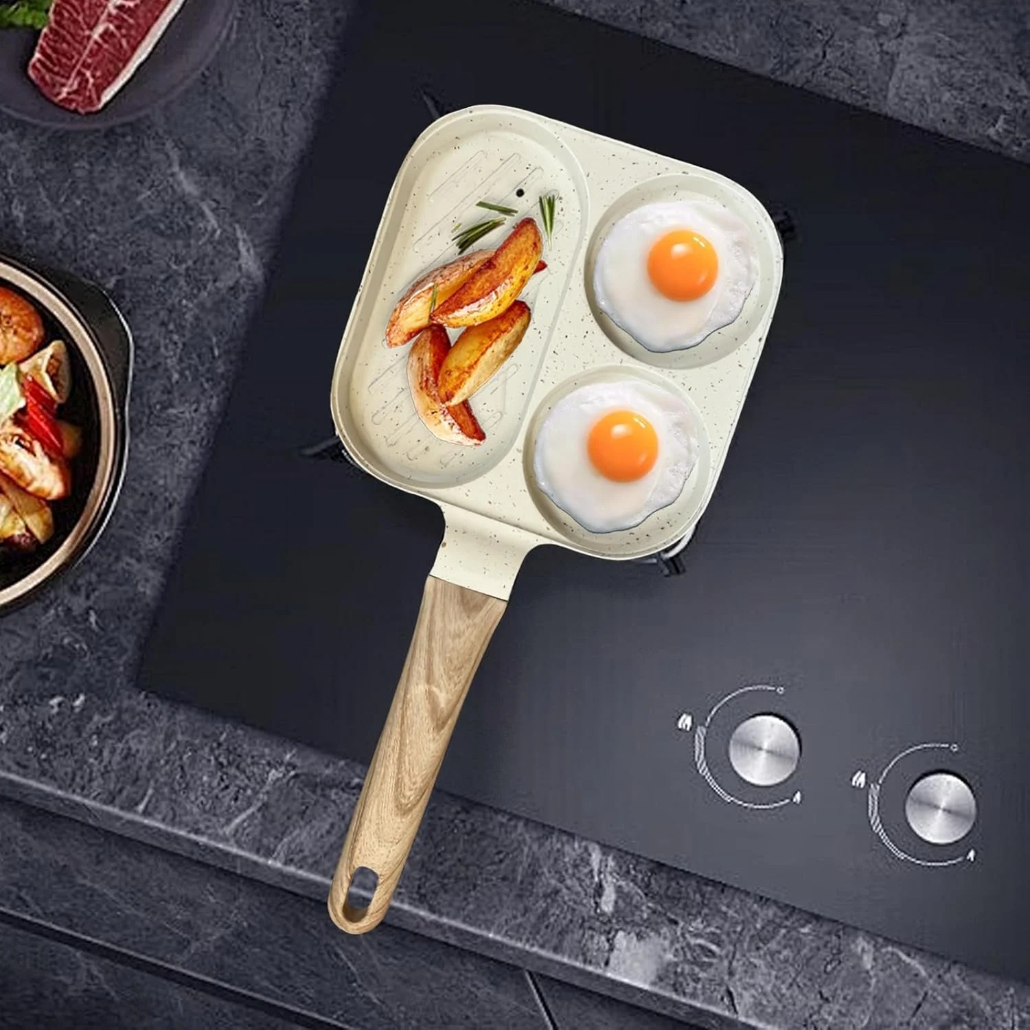 تابه گریل صبحانه، تابه تخم مرغ سرخ کردنی نچسب - ابزار پخت و پز 3 قسمتی برای اجاق گاز برقی القایی، آشپزخانه خانگی، املت، پنکیک، ساندویچ، همبرگر، بیکن