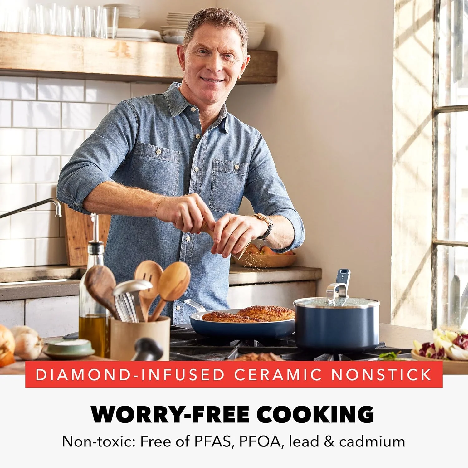 تابه نچسب 8 اینچی GreenPan x Bobby Flay، سرامیک الماسه بدون PFAS، مناسب برای اجاق های القایی، دسته سیلیکونی خنک شونده، شستشوی آسان در ماشین ظرفشویی و قابل استفاده در فر، تابه تخم مرغ و املت، آبی آکسفورد