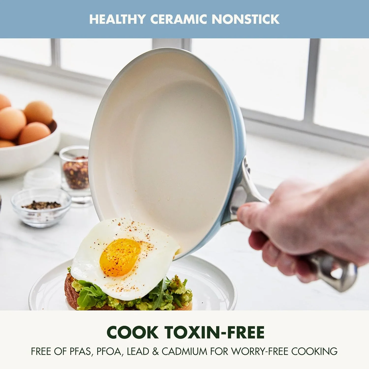 ست تابه دو تکه 8 و 10 اینچی GreenPan Padova Pro، ظروف نچسب سرامیکی سالم با پوشش سخت آنودایز شده و فاقد PFAS، مناسب برای اجاق های القایی، دسته استیل ضد زنگ، قابل شستشو در ماشین ظرفشویی و استفاده در فر، آبی خاکستری