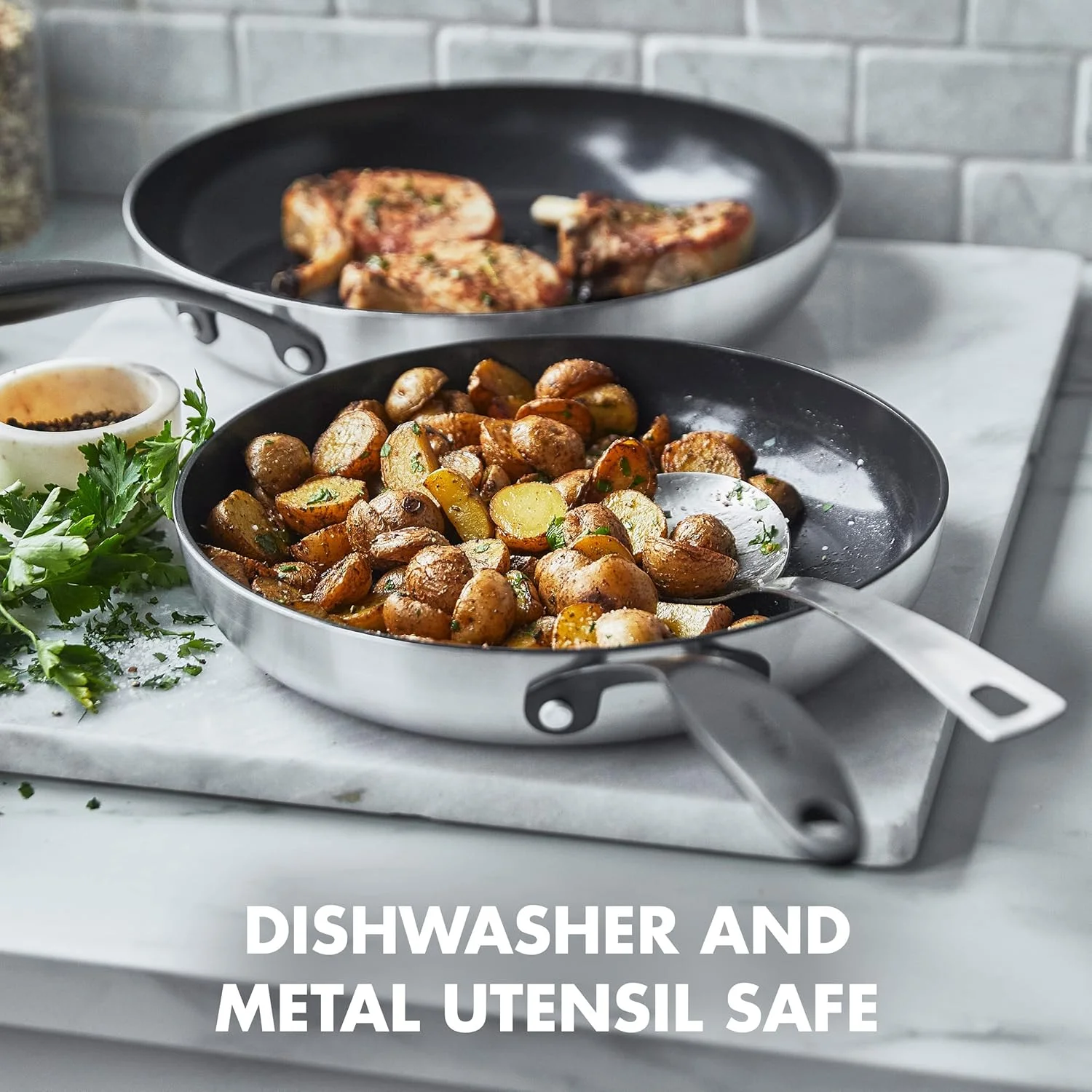 GreenPan Venice Pro Noir Tri-Ply Stainless Steel Healthy Ceramic Nonstick 8" and 10" Frying Pan Skillet Set, Matte Black Handle, PFAS-Free, Multi Clad, Induction, Dishwasher Safe, Oven Safe, Silver GreenPan Venice Pro Noir Tri-Ply Stainless Steel Healthy Ceramic Nonstick 8" and 10" Frying Pan Skillet Set, Matte Black Handle, PFAS-Free, Multi Clad, Induction, Dishwasher Safe, Oven Safe, Silver