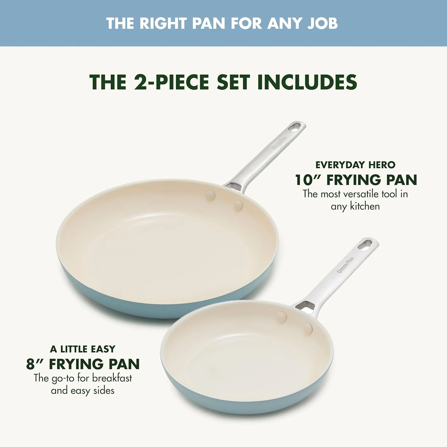 ست تابه دو تکه 8 و 10 اینچی GreenPan Padova Pro، ظروف نچسب سرامیکی سالم با پوشش سخت آنودایز شده و فاقد PFAS، مناسب برای اجاق های القایی، دسته استیل ضد زنگ، قابل شستشو در ماشین ظرفشویی و استفاده در فر، آبی خاکستری