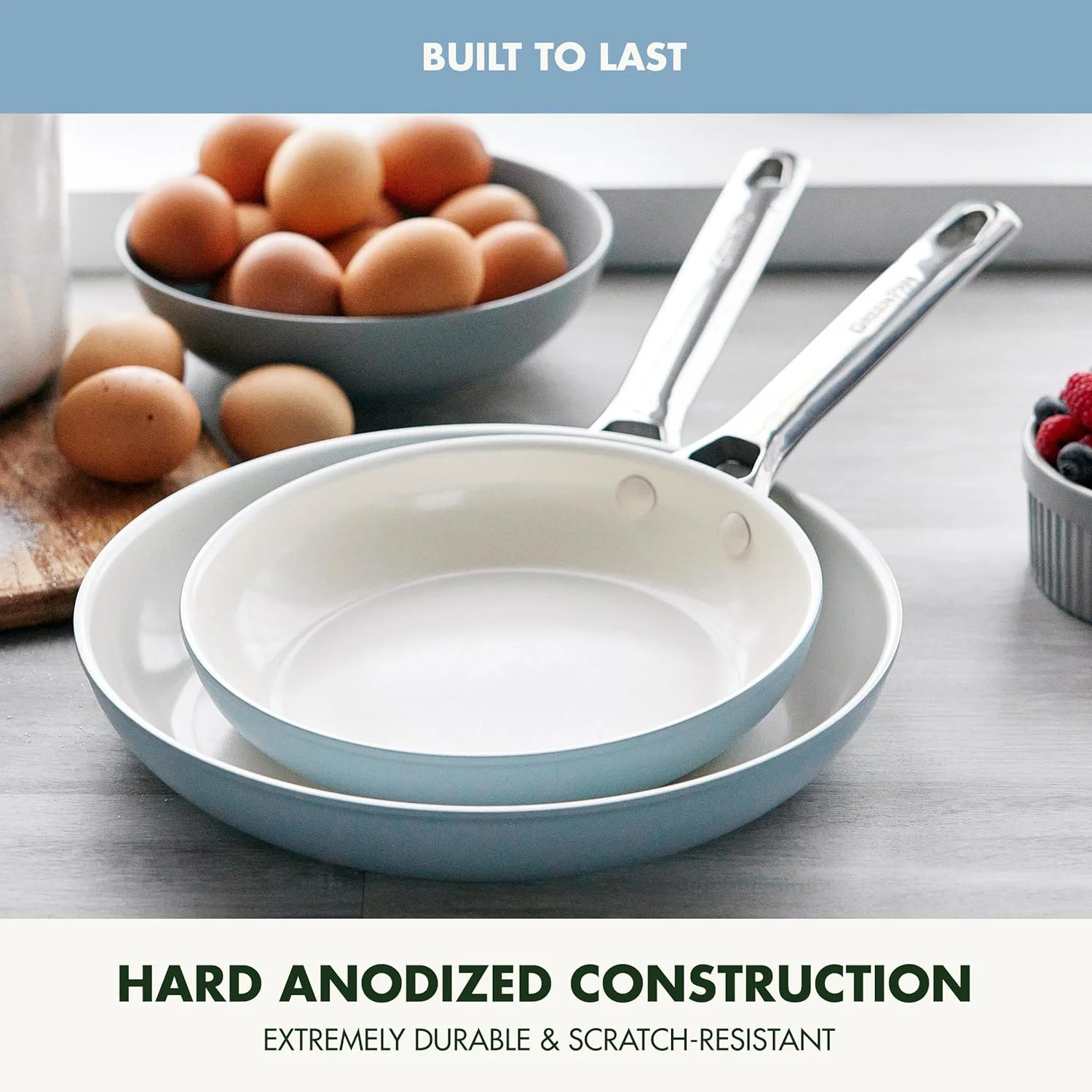 ست تابه دو تکه 8 و 10 اینچی GreenPan Padova Pro، ظروف نچسب سرامیکی سالم با پوشش سخت آنودایز شده و فاقد PFAS، مناسب برای اجاق های القایی، دسته استیل ضد زنگ، قابل شستشو در ماشین ظرفشویی و استفاده در فر، آبی خاکستری