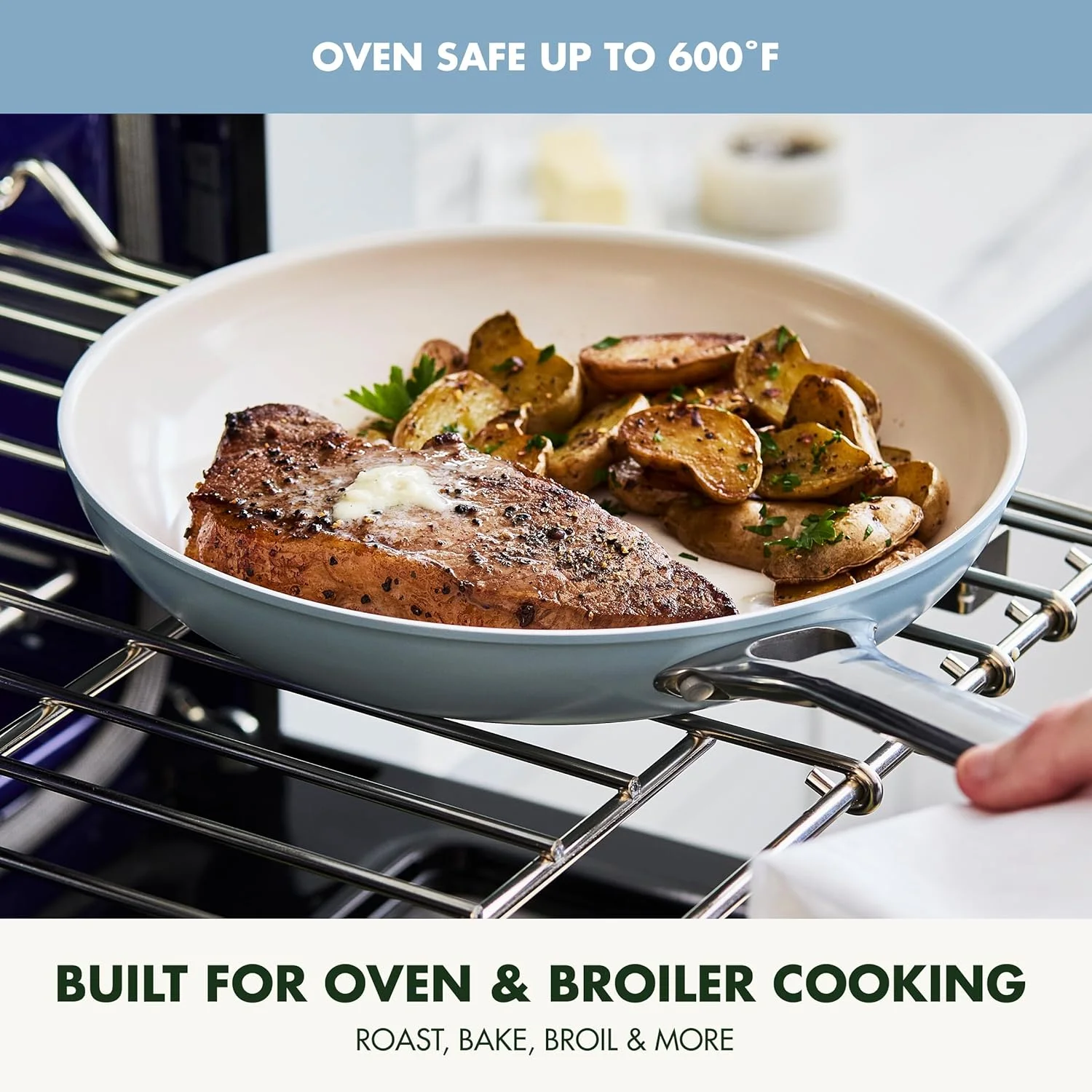 ست تابه دو تکه 8 و 10 اینچی GreenPan Padova Pro، ظروف نچسب سرامیکی سالم با پوشش سخت آنودایز شده و فاقد PFAS، مناسب برای اجاق های القایی، دسته استیل ضد زنگ، قابل شستشو در ماشین ظرفشویی و استفاده در فر، آبی خاکستری