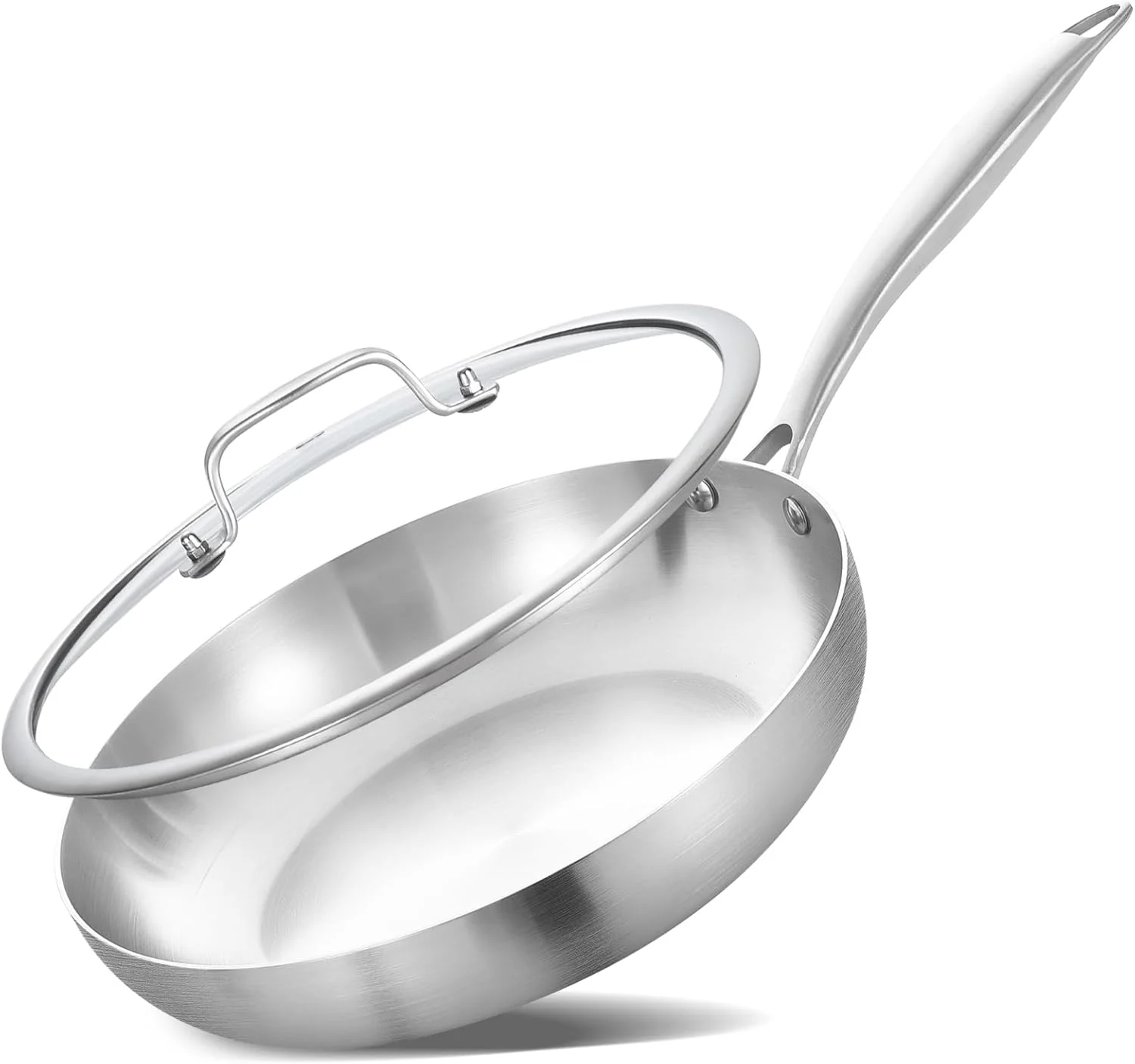 تابه استیل سه لایه 20 سانتی متری LOLYKITCH با درب، تابه کوچک، تابه القایی، قابل شستشو در ماشین ظرفشویی و استفاده در فر، دسته پرچ شده.