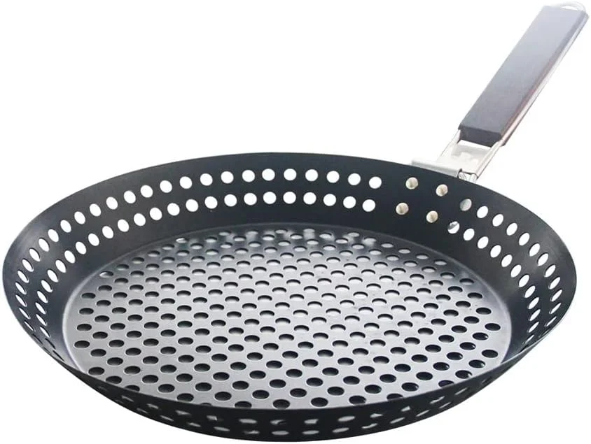 تابه گریل باربیکیو نچسب MEETOZ، تابه BBQ با دسته چوبی تاشو و سوراخ دار، لوازم جانبی گریل، ابزار پخت و پز، 12 اینچ