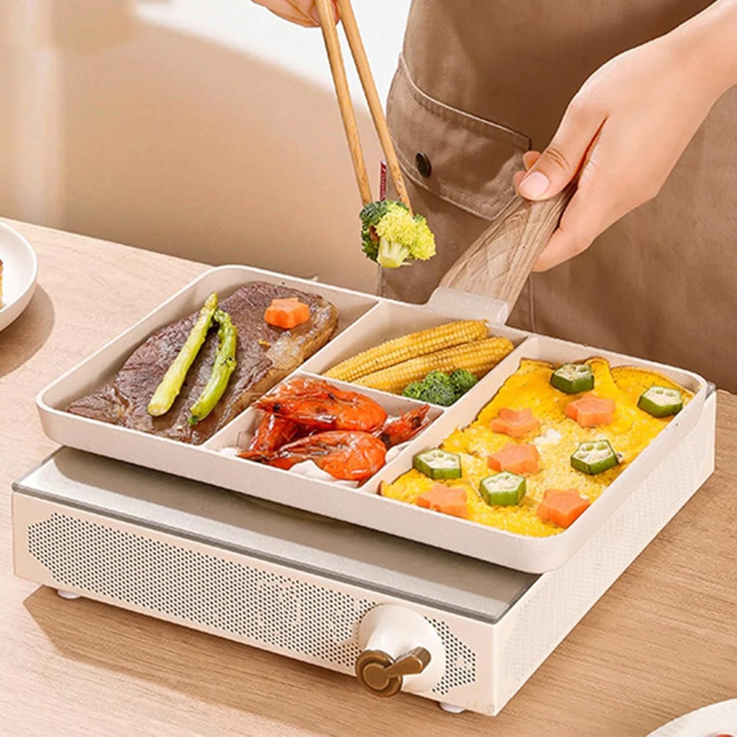 تابه گریل صبحانه تقسیم شده نچسب Maommadio برای اجاق گاز، تابه صبحانه 4 قسمتی برای سرخ کردن تخم مرغ و استیک (سفید)