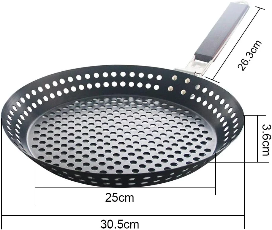 تابه گریل باربیکیو نچسب MEETOZ، تابه BBQ با دسته چوبی تاشو و سوراخ دار، لوازم جانبی گریل، ابزار پخت و پز، 12 اینچ